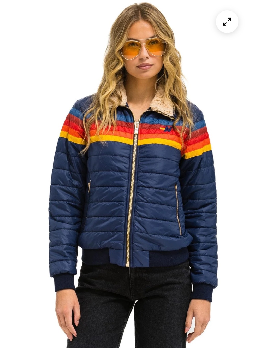 Aviator Nation Navy Puffer Jacket with Red, Orange & Yellow Chest Stripes